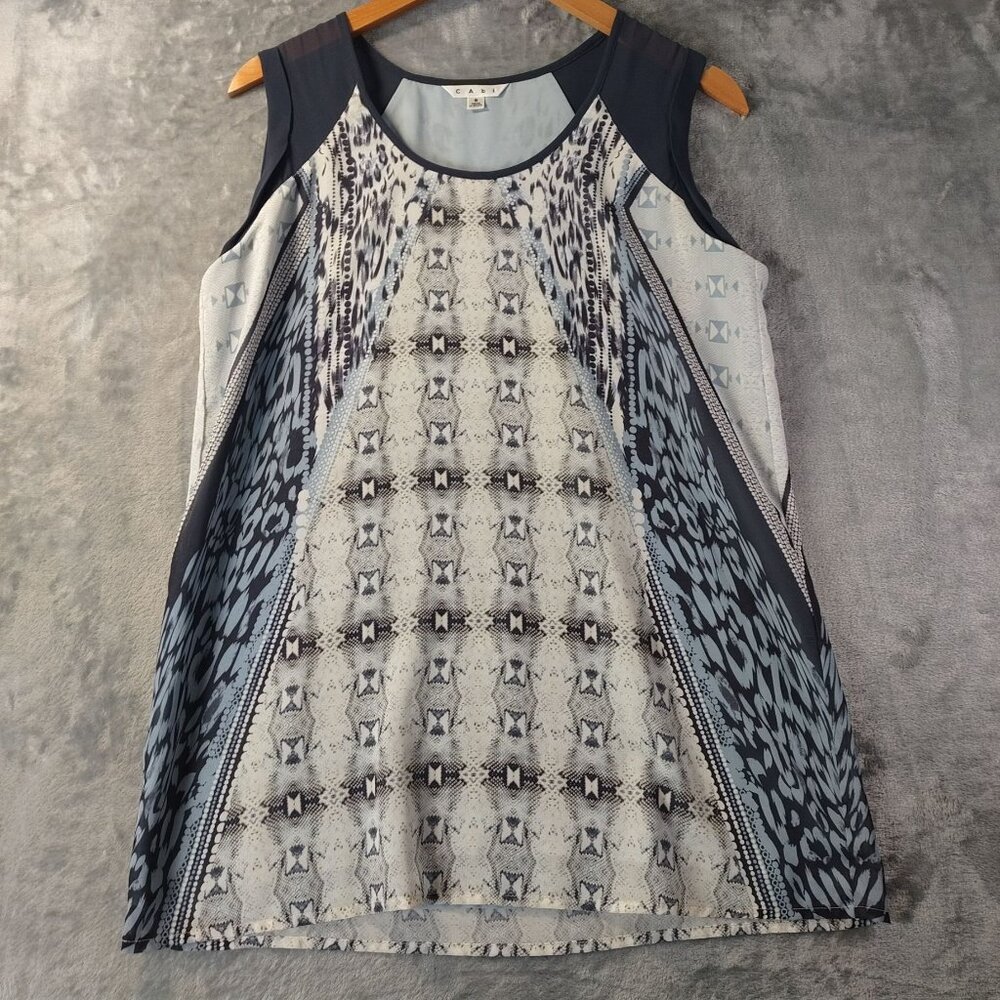 Cabi Womens Sleeveless Abstract Mixed Media TankTop Small Blue Gray Lined Career